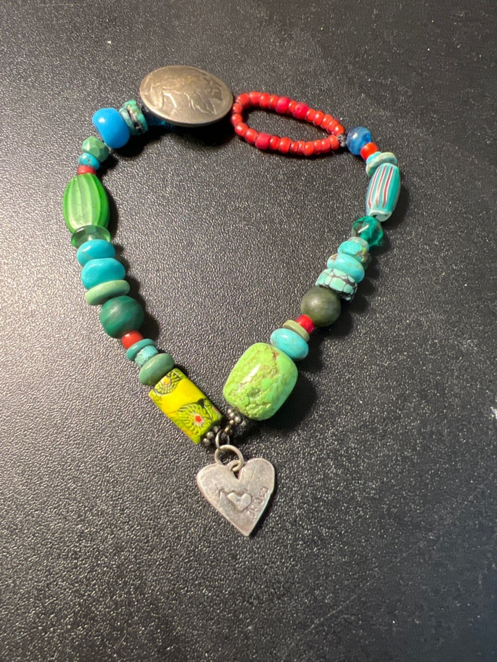 Alena Byrnes OOAK Artisan Turquoise & Antique Trade Bead Buffalo Nickel Bracelet